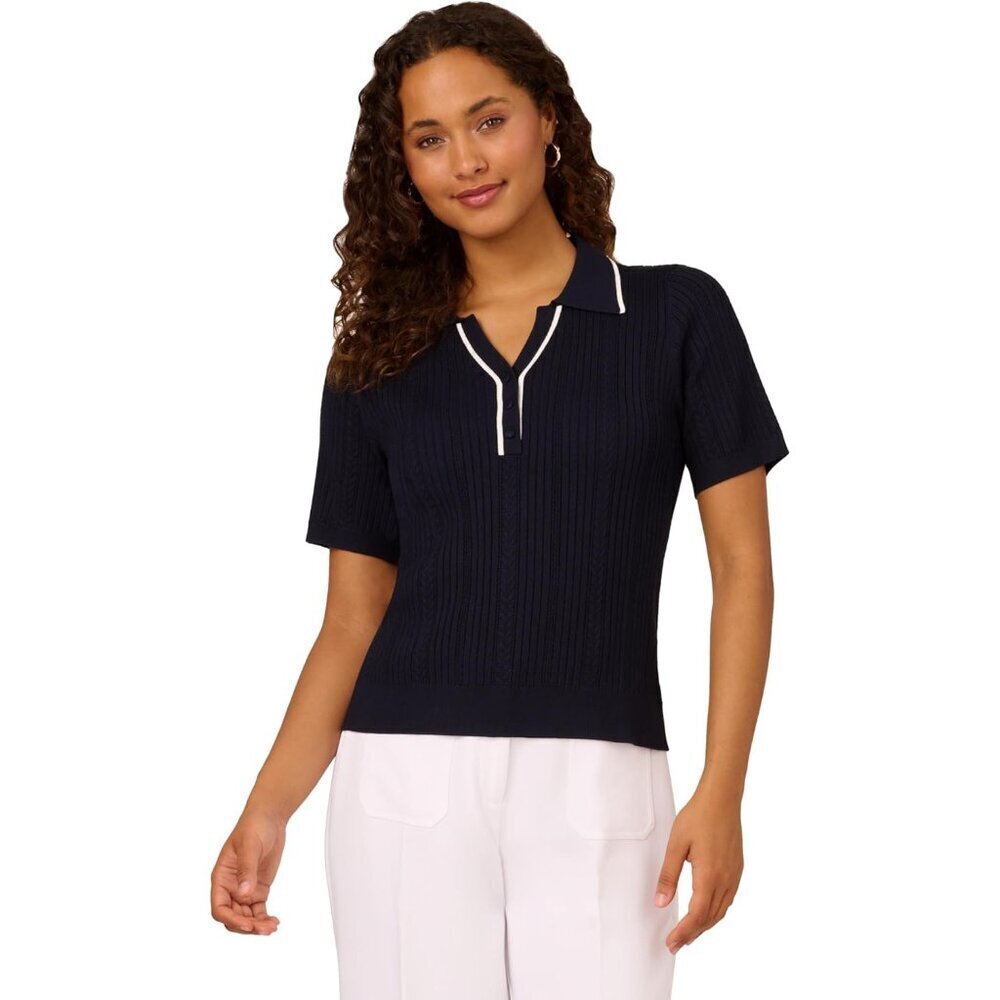 Women's V-Neck Polo Sweater Rib Cable Short Sleeve Preppy Office Casual